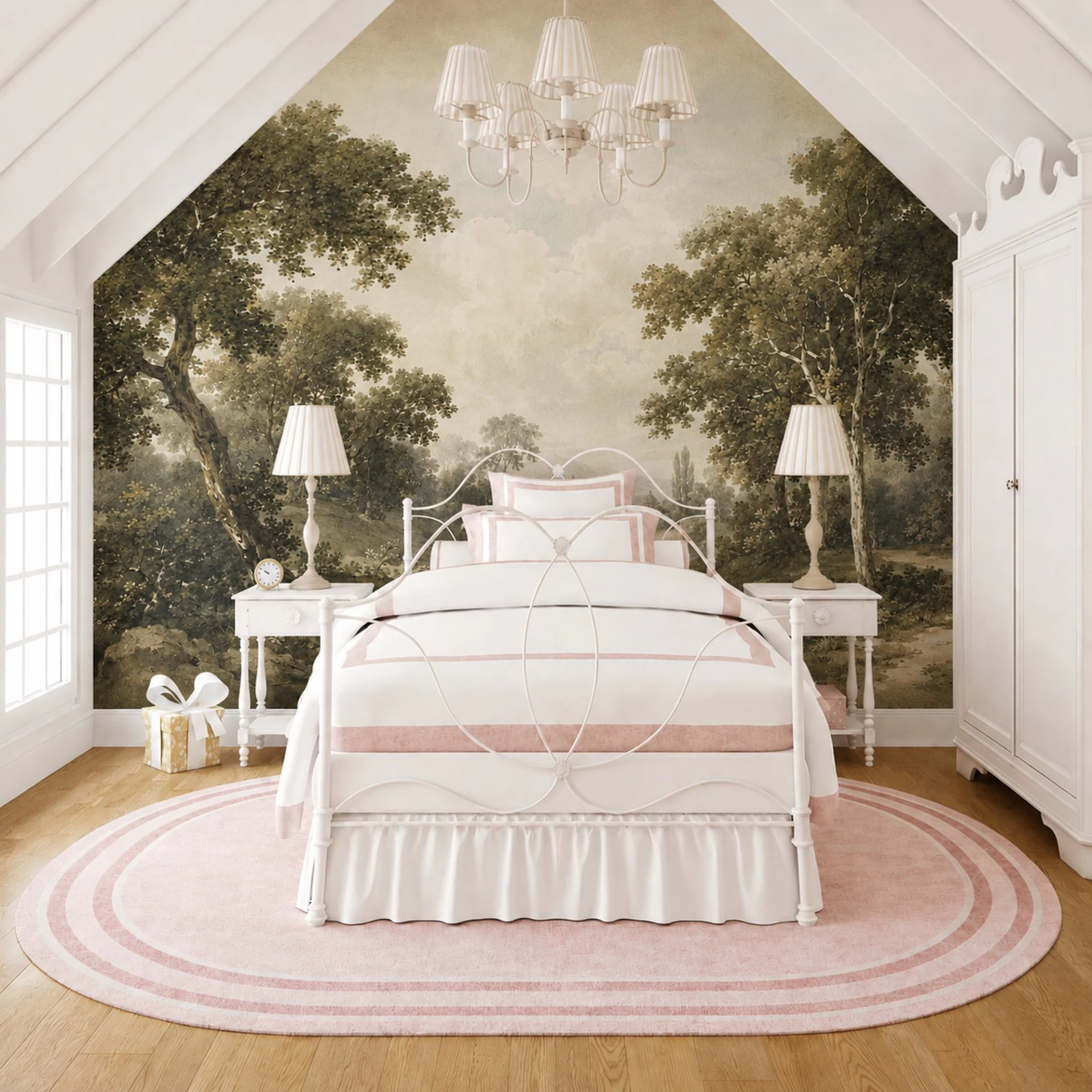 Pastoral River Bridge wall mural shown in a styled interior, view 2