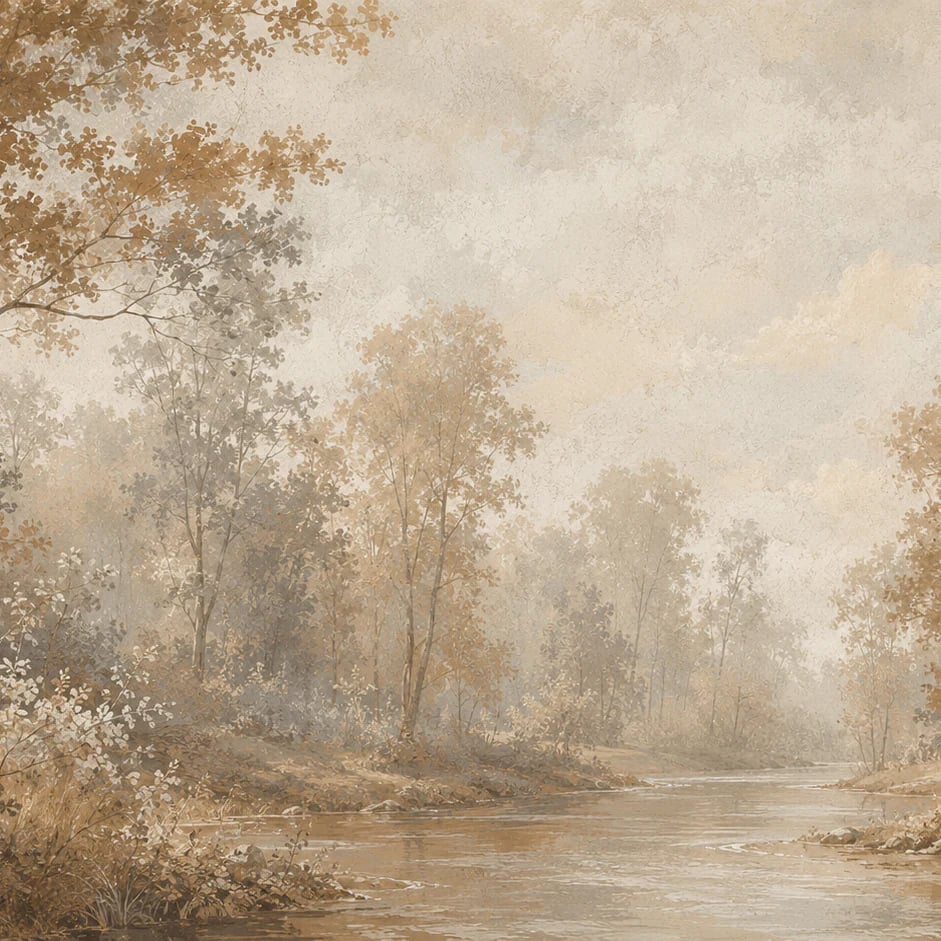 Nahaufnahme des Kunstwerks Nebliger Flusswald im Druckmaßstab
