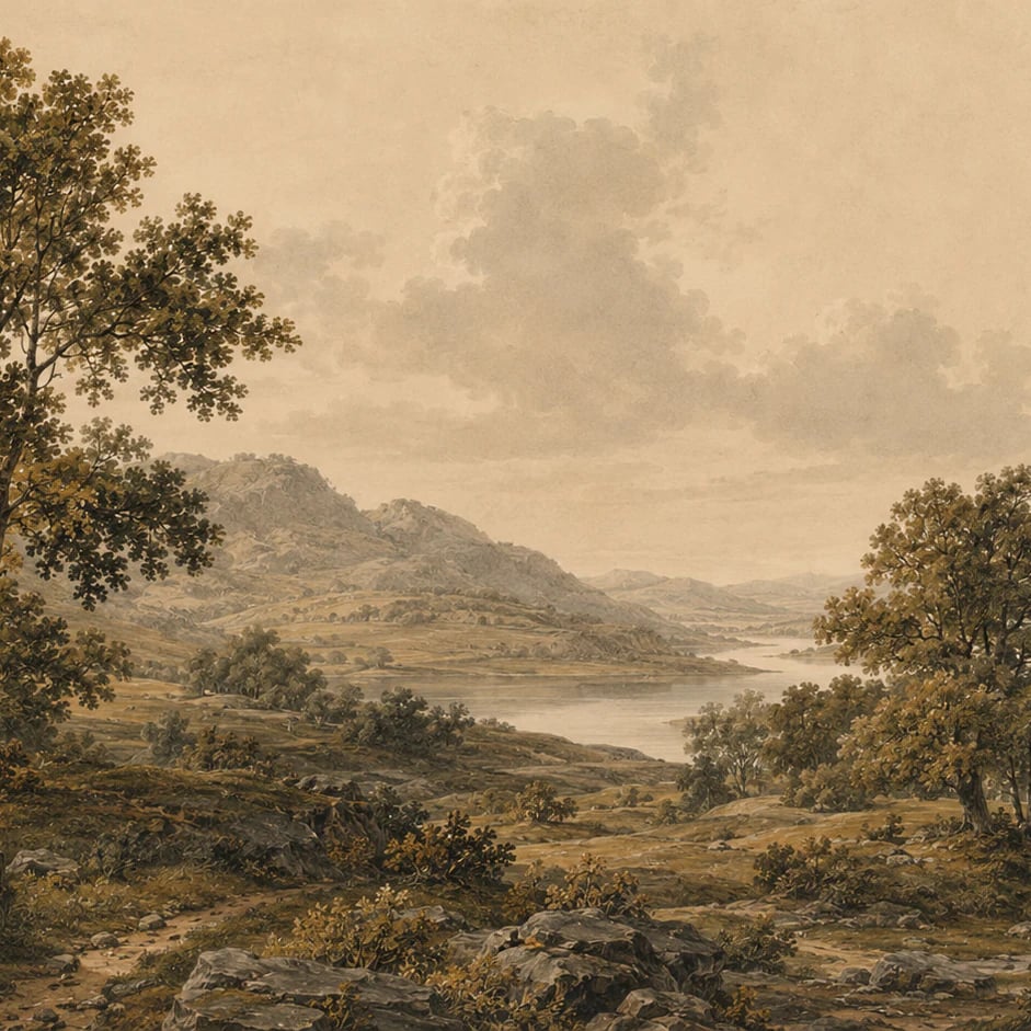 Nahaufnahme des Kunstwerks Talblick in Sepia im Druckmaßstab