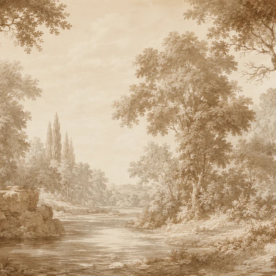 Nahaufnahme des Kunstwerks Sepia-Flusswald im Druckmaßstab