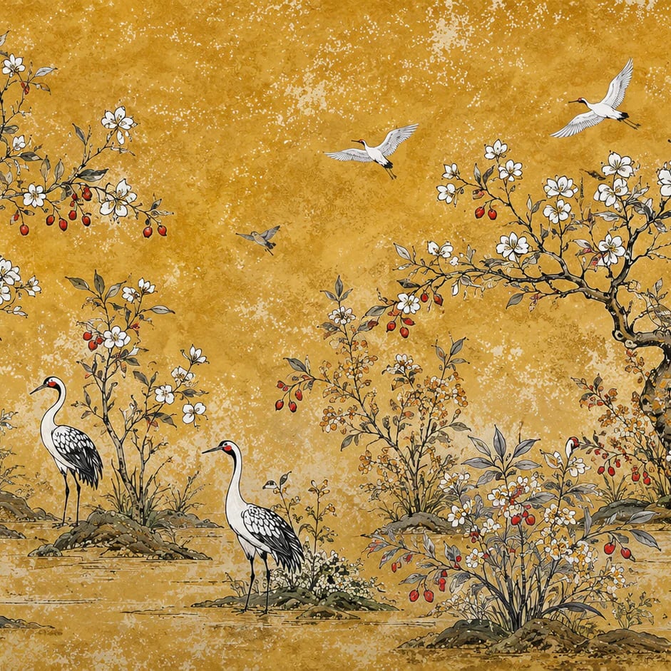 Close-up of the Golden Crane Garden artwork at printed scale