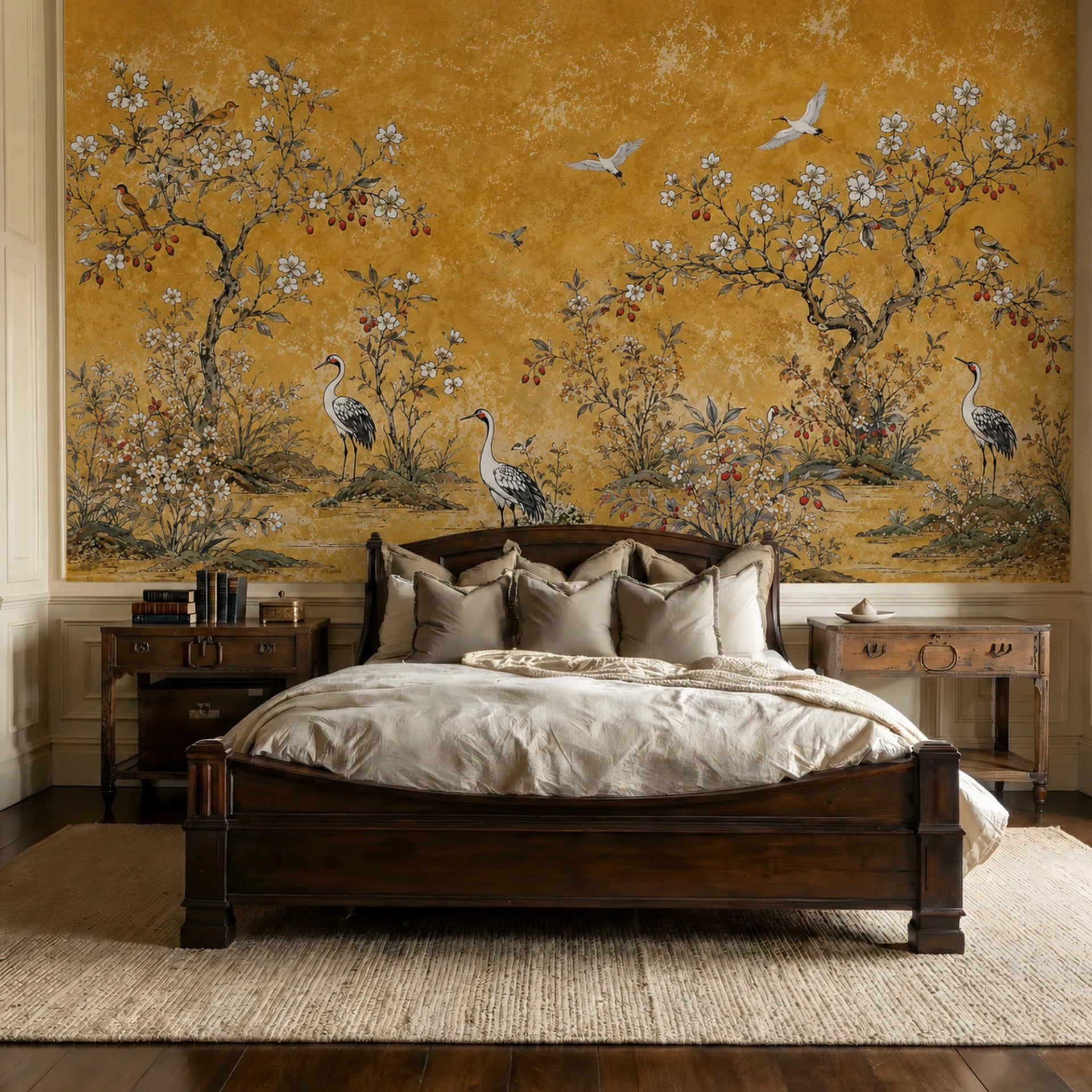 Golden Crane Garden wall mural shown in a styled interior, view 2