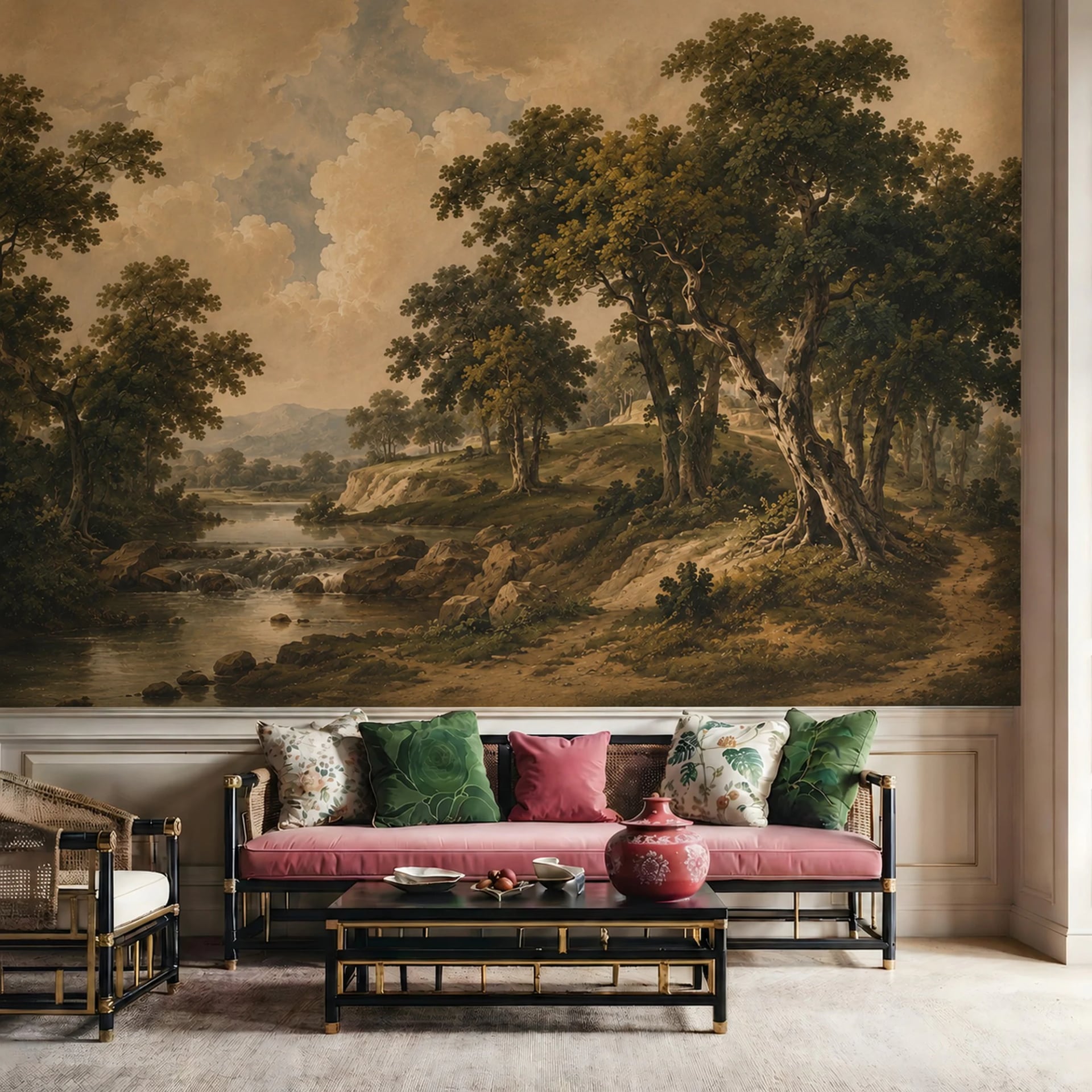 Pastoral River Cascade wall mural shown in a styled interior, view 1