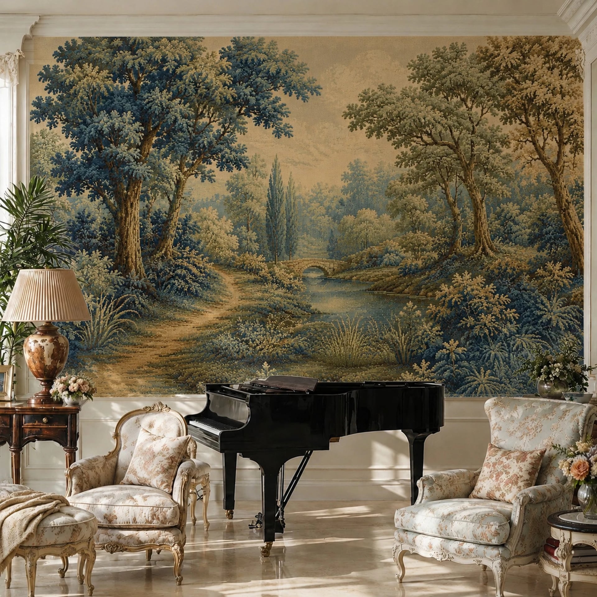 Papier peint panoramique Pont de pierre en verdure présenté dans un intérieur décoré, vue 2