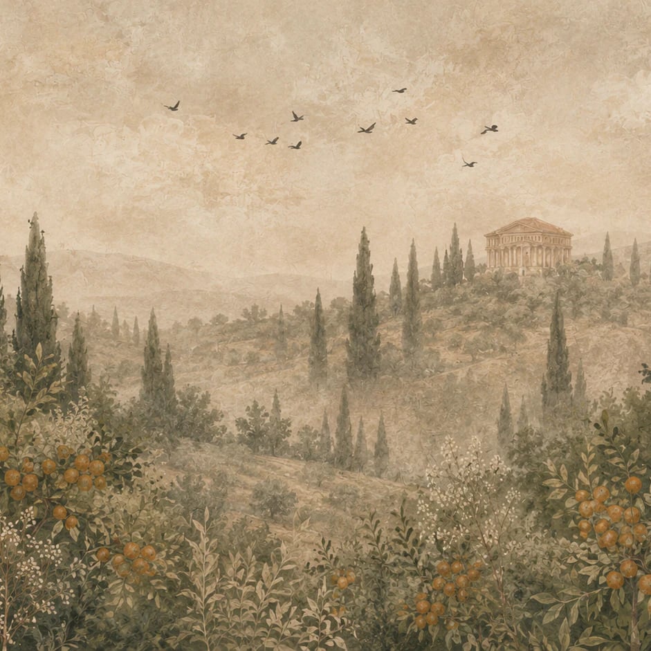 Close-up of the Tuscan Citrus Grove artwork at printed scale