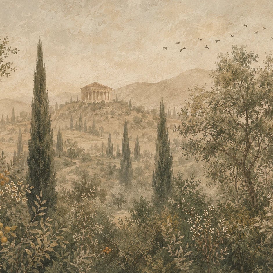 Close-up of the Grecian Temple Grove artwork at printed scale