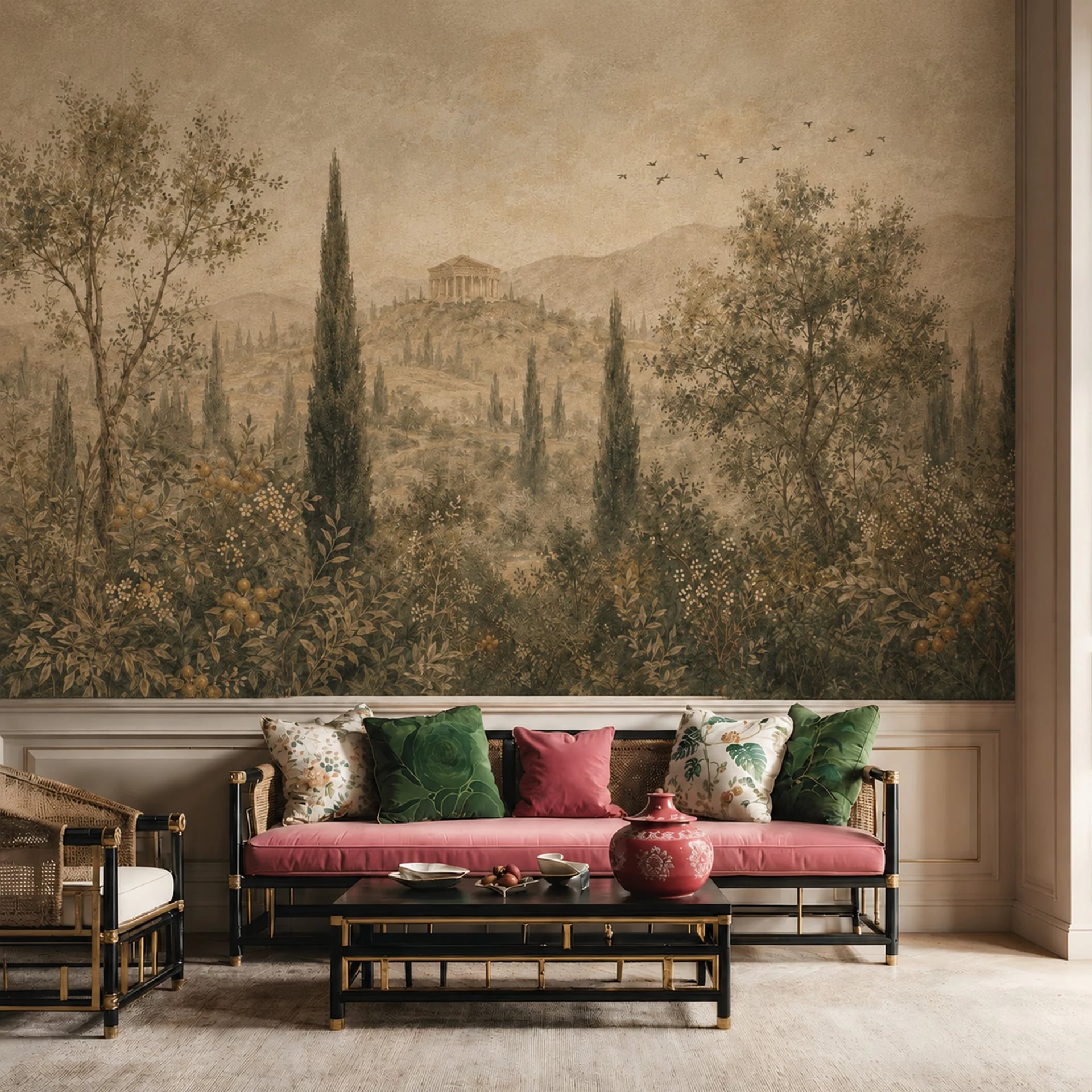 Grecian Temple Grove wall mural shown in a styled interior, view 2