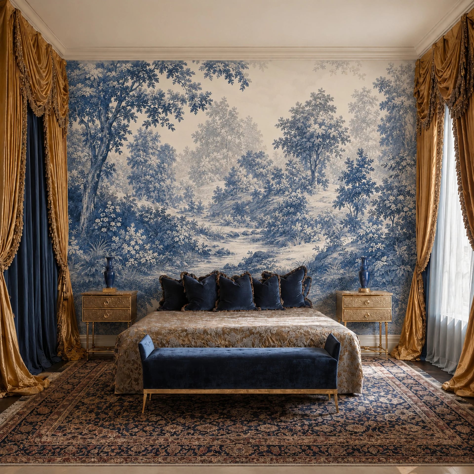 Blue Woodland Stream wall mural shown in a styled interior, view 2