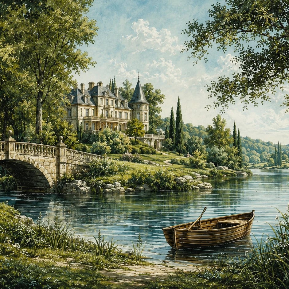 Close-up of the Riverside Chateau Estate artwork at printed scale