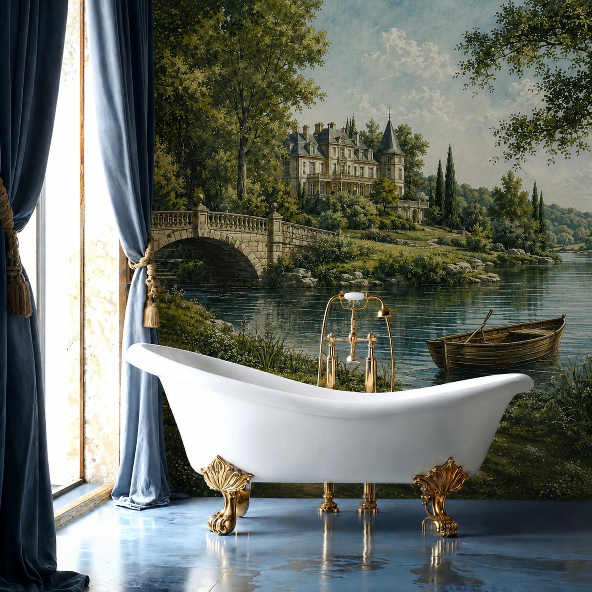Riverside Chateau Estate wall mural shown in a styled interior, view 2