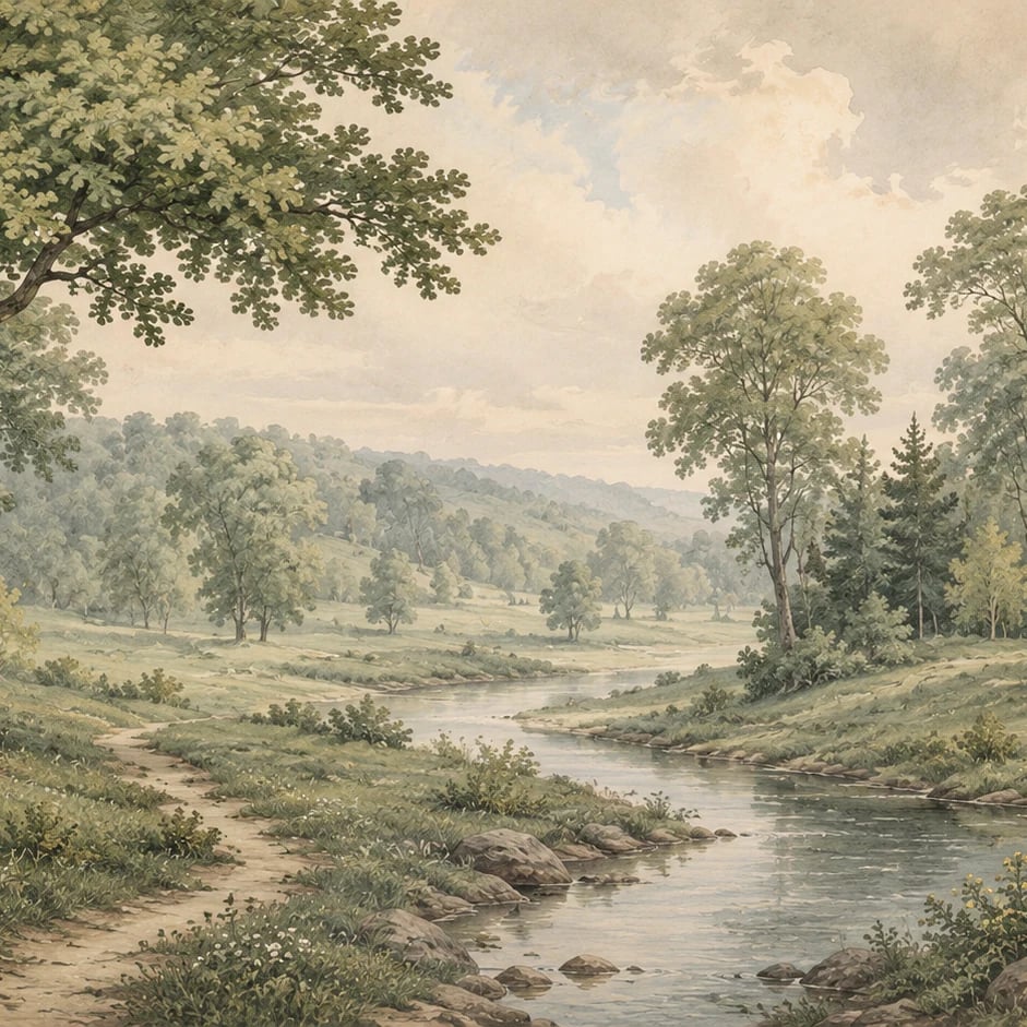 Nahaufnahme des Kunstwerks Idyllisches Flusstal im Druckmaßstab