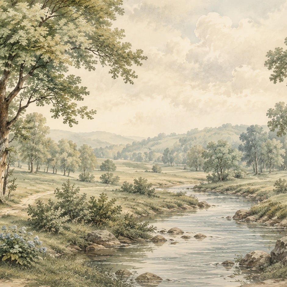 Gros plan sur le motif Vallée du ruisseau pastoral à l'échelle d'impression