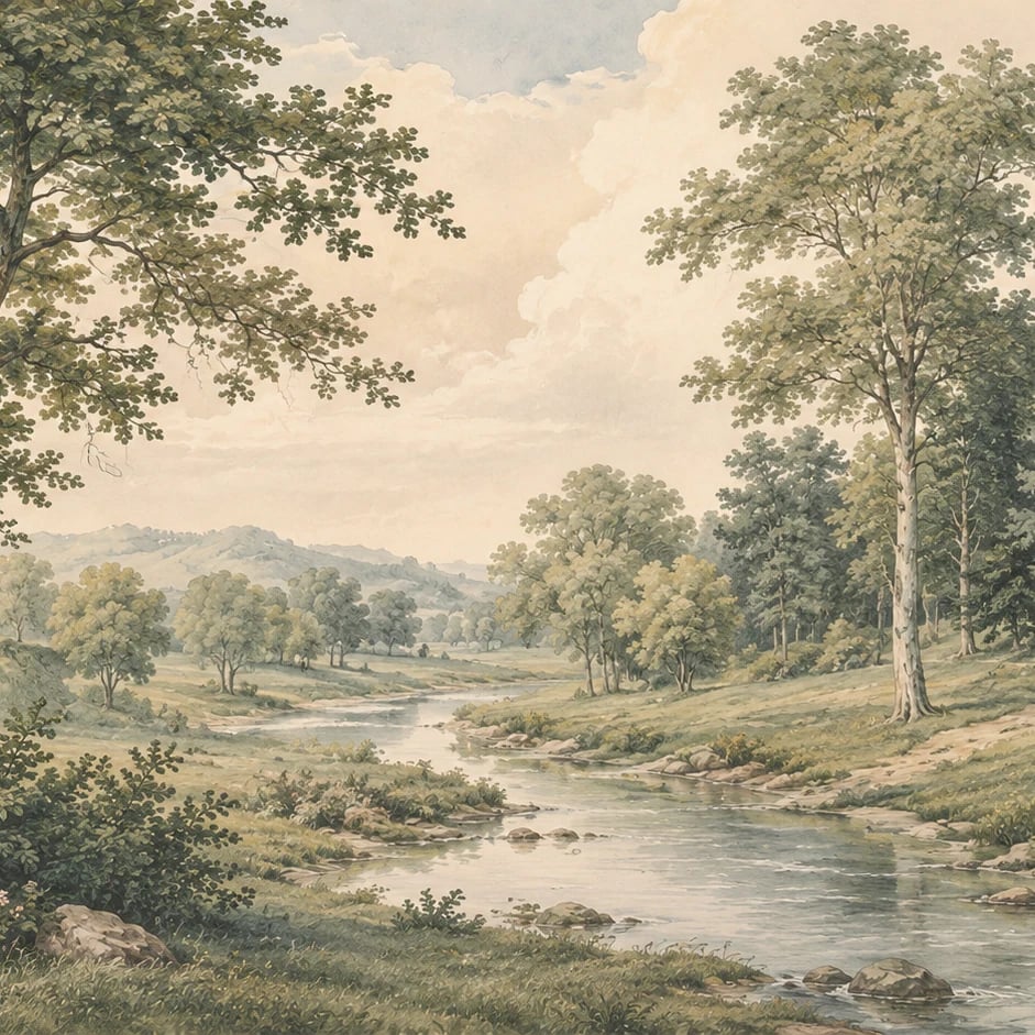 Nahaufnahme des Kunstwerks Idyllisches Flusstal im Druckmaßstab