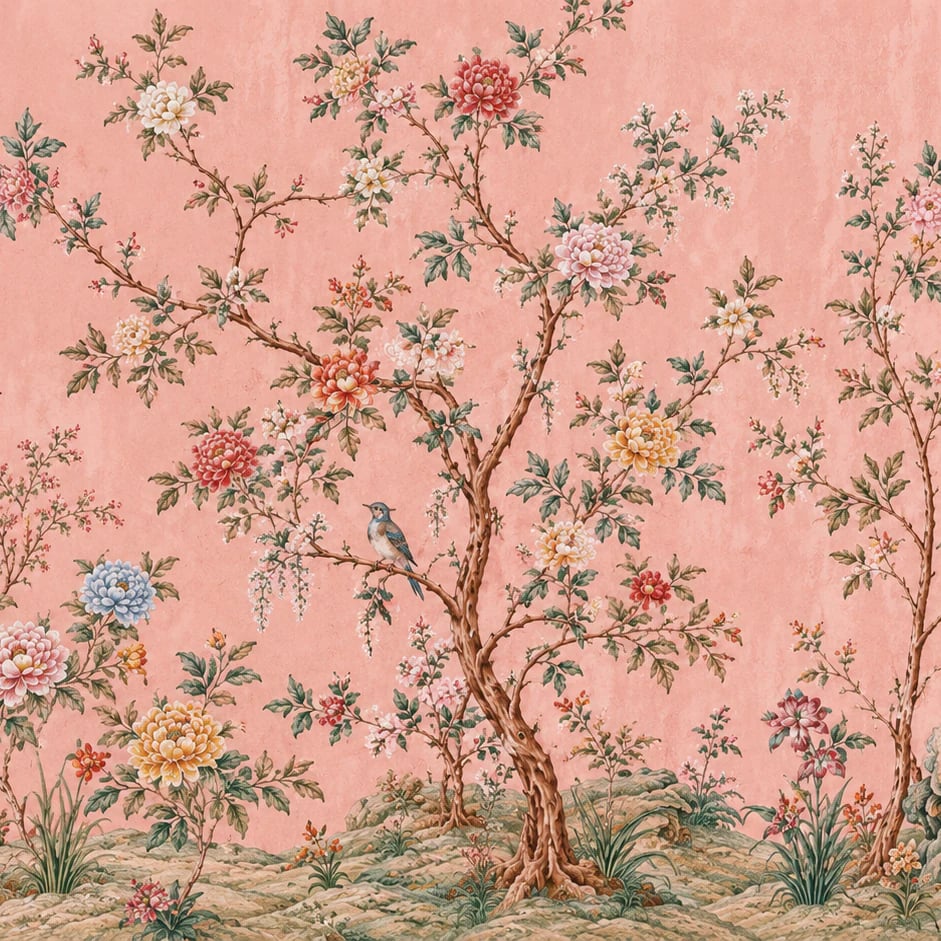 Nahaufnahme des Kunstwerks Rosa Chinoiserie-Pfingstrose im Druckmaßstab