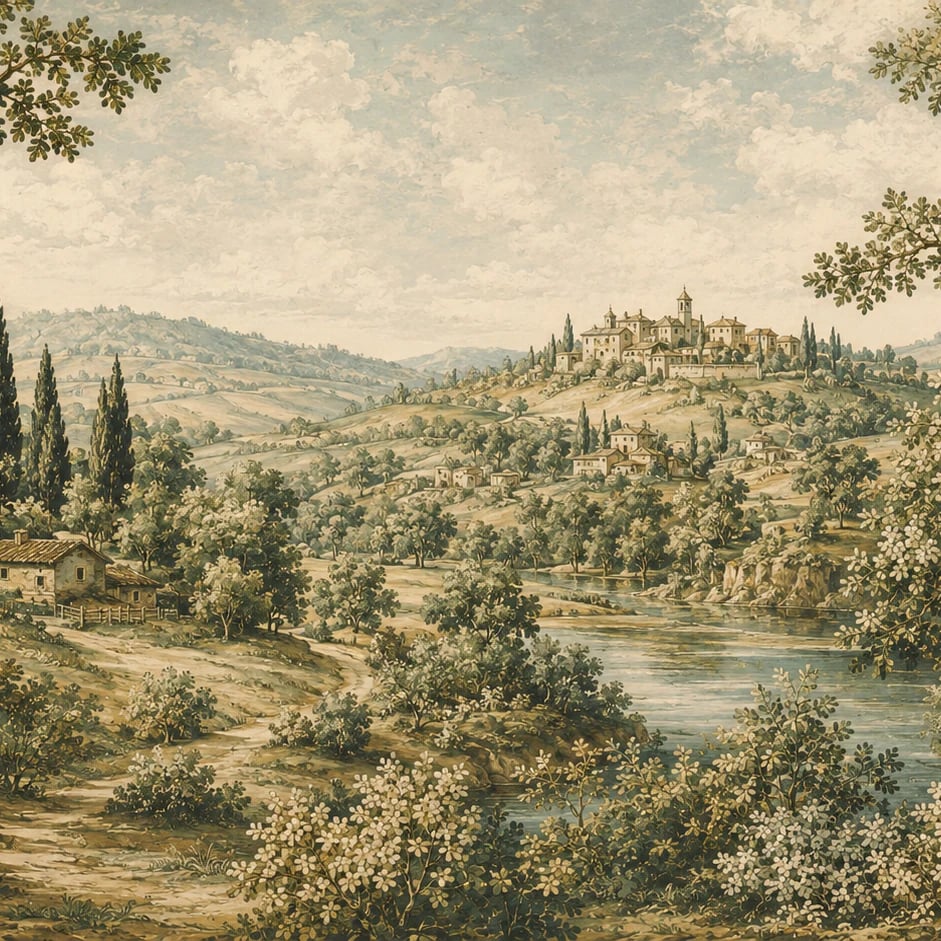 Close-up of the Tuscan River Vista artwork at printed scale