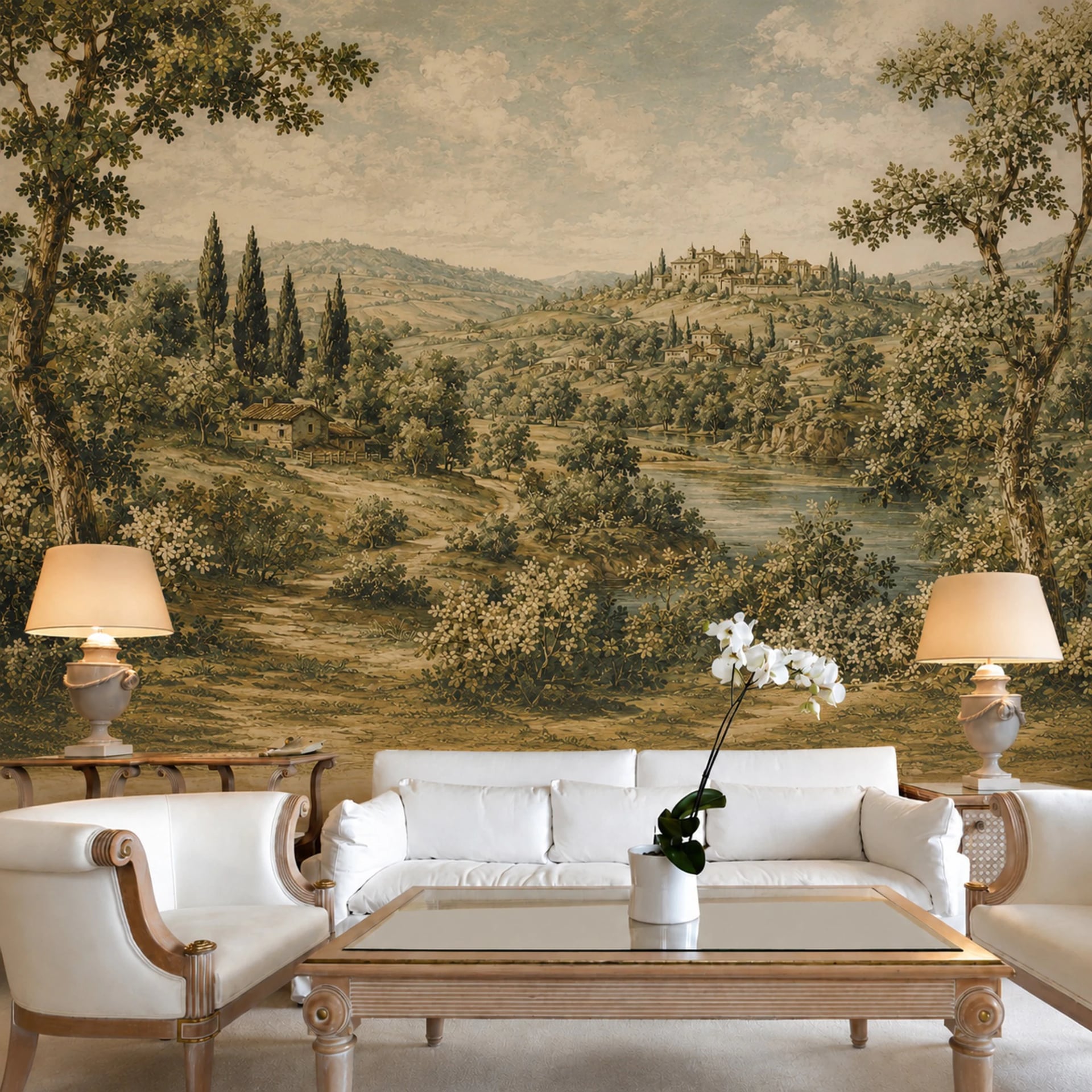 Tuscan River Vista wall mural shown in a styled interior, view 2