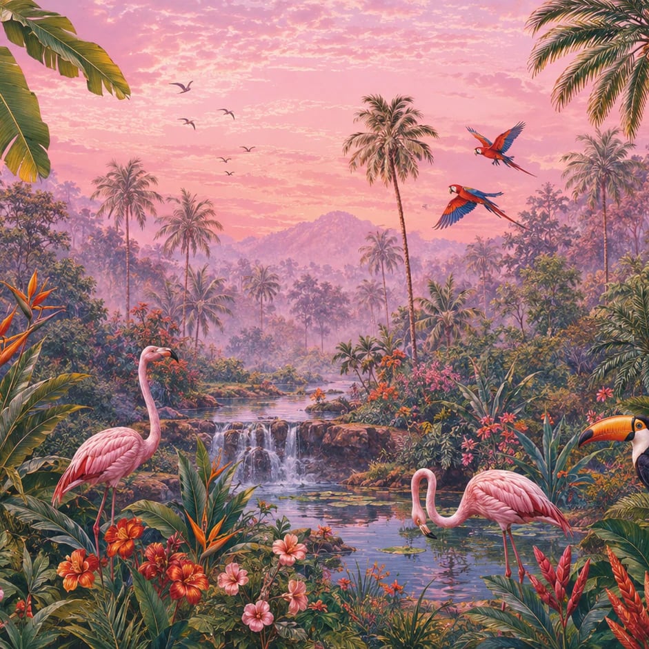Close-up of the Sunset Flamingo Lagoon artwork at printed scale