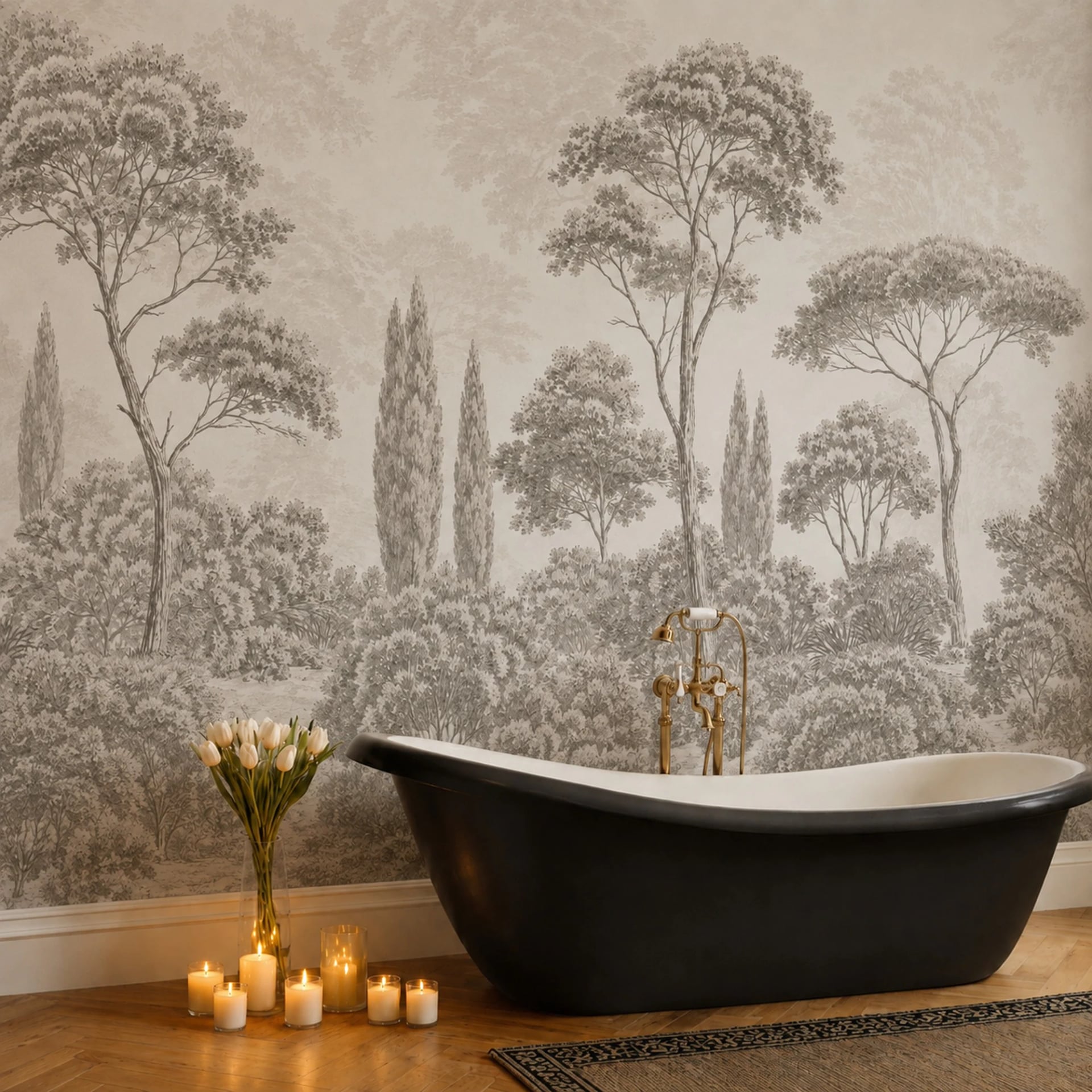 Papier peint panoramique Bosquet de cyprès toscans présenté dans un intérieur décoré, vue 2