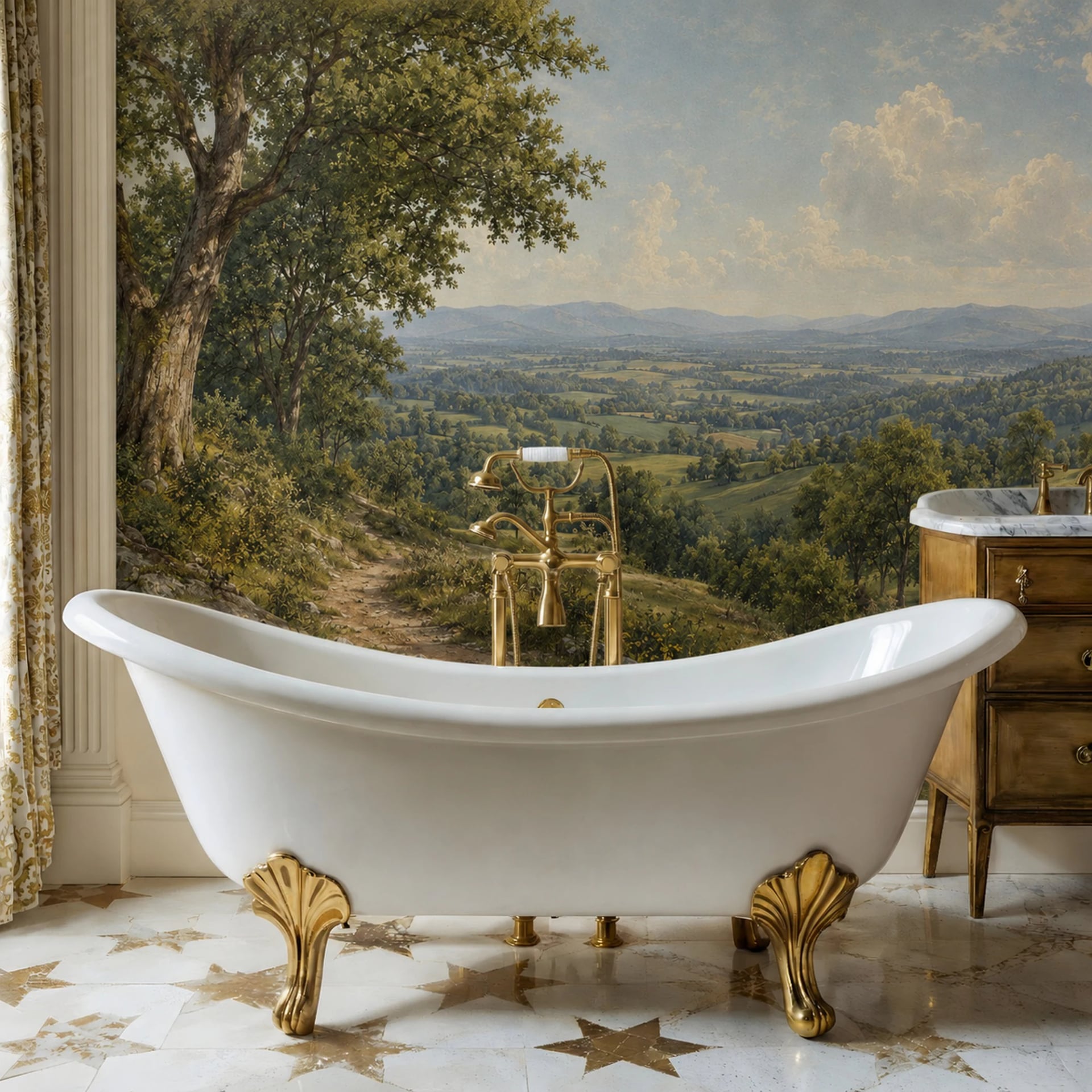 Pastoral Valley Path wall mural shown in a styled interior, view 2