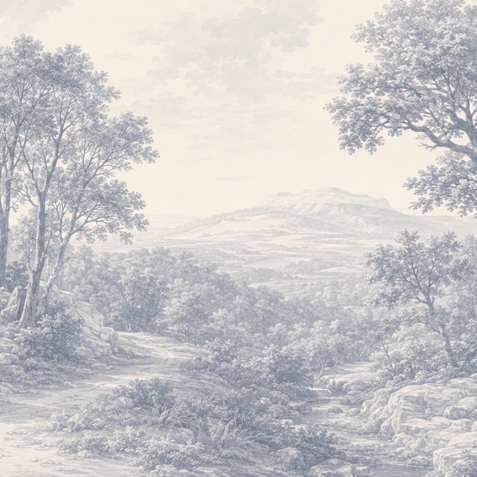 Gros plan sur le motif Vue pastorale bleue à l'échelle d'impression