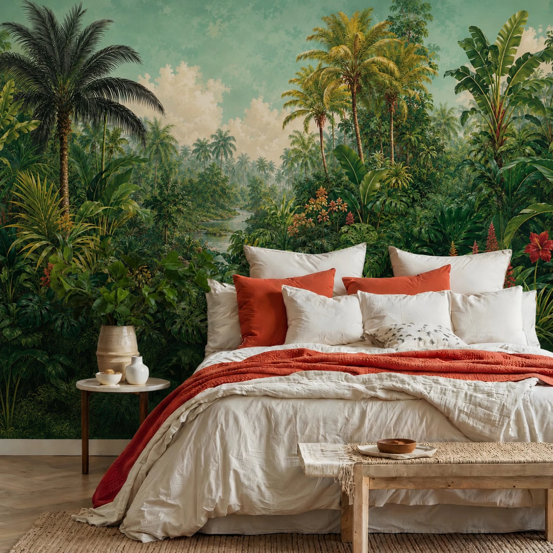 Vintage Jungle River wall mural shown in a styled interior, view 2