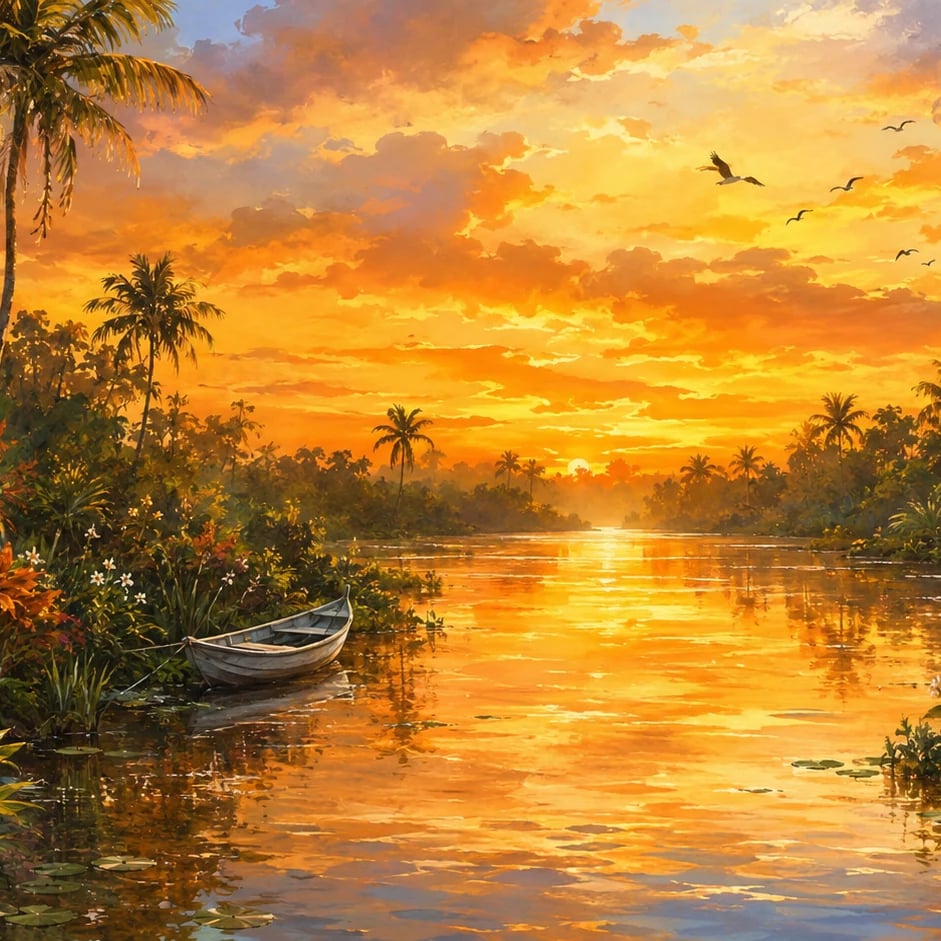Nahaufnahme des Kunstwerks Tropische Lagune im Sonnenuntergang im Druckmaßstab