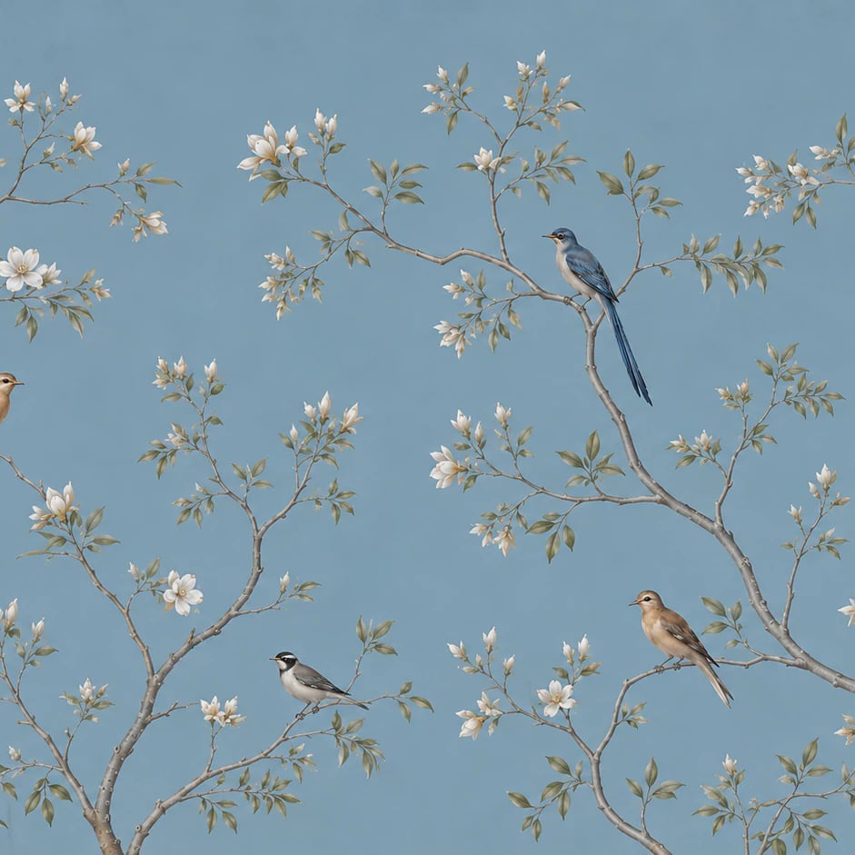 Nahaufnahme des Kunstwerks Chinoiserie-Singvogel in Puderblau im Druckmaßstab
