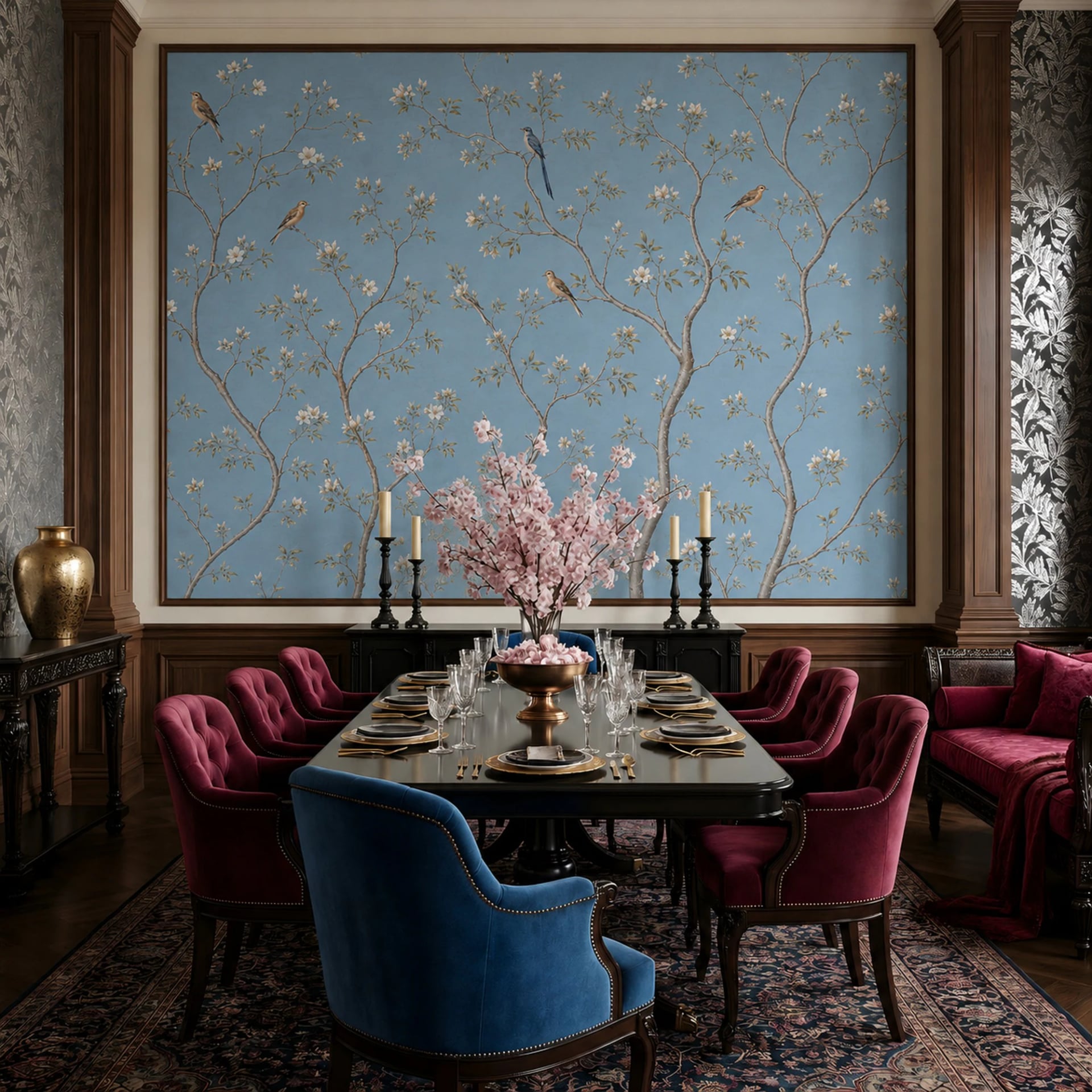 Chinoiserie-Singvogel in Puderblau Fototapete in einem stilvoll eingerichteten Raum, Ansicht 2