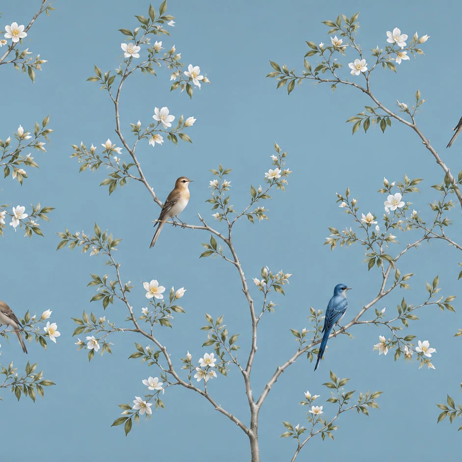 Nahaufnahme des Kunstwerks Chinoiserie mit Singvogel auf Ast im Druckmaßstab
