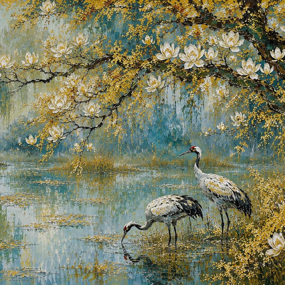 Close-up of the Golden Crane Pond artwork at printed scale