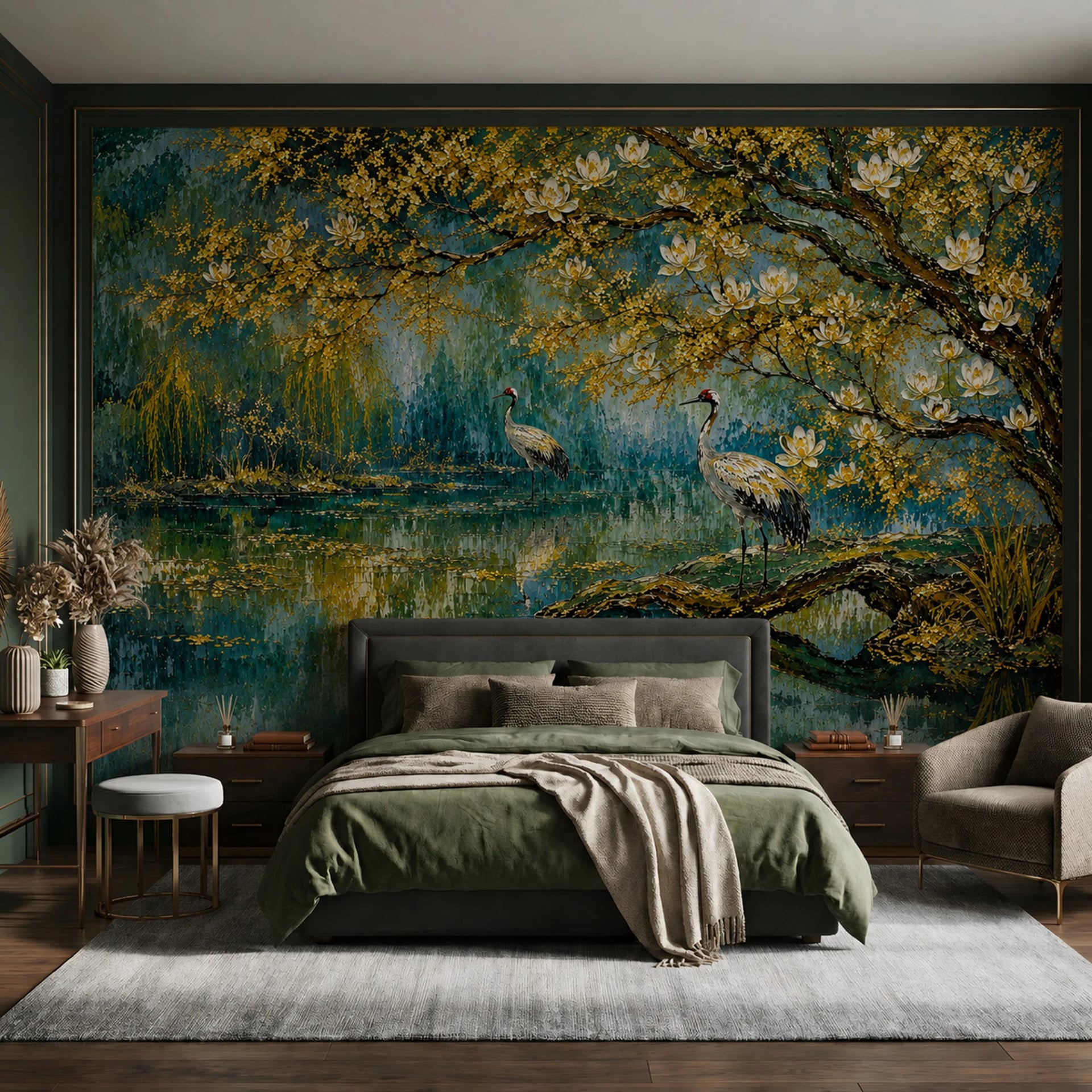 Fotomural Grullas y magnolias en el lago en un interior decorado, vista 2