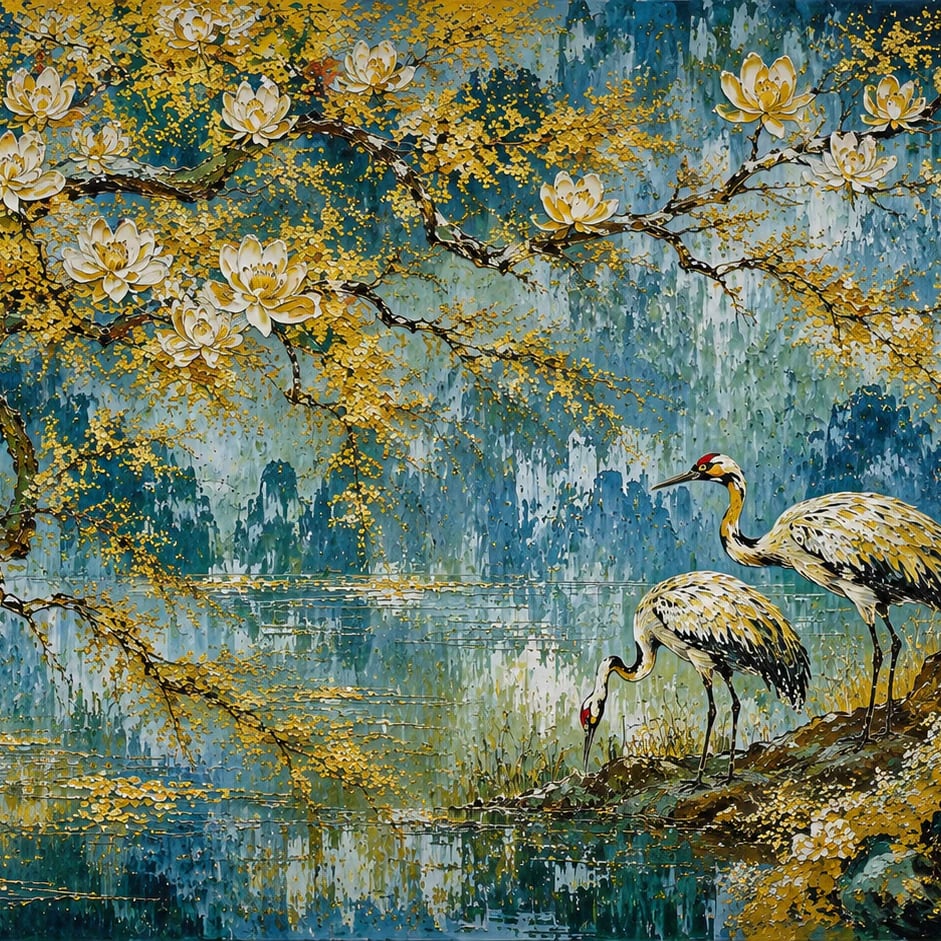 Close-up of the Gilded Crane Sanctuary artwork at printed scale