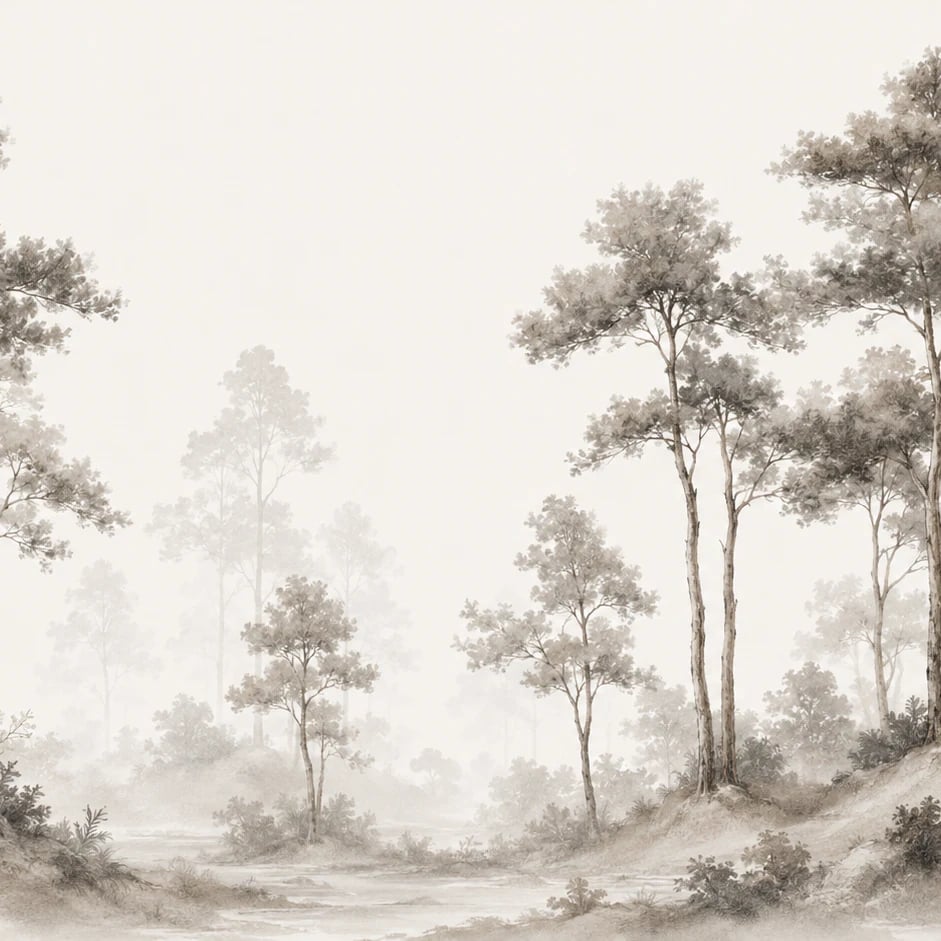 Gros plan sur le motif Colline aux pins dans la brume à l'échelle d'impression