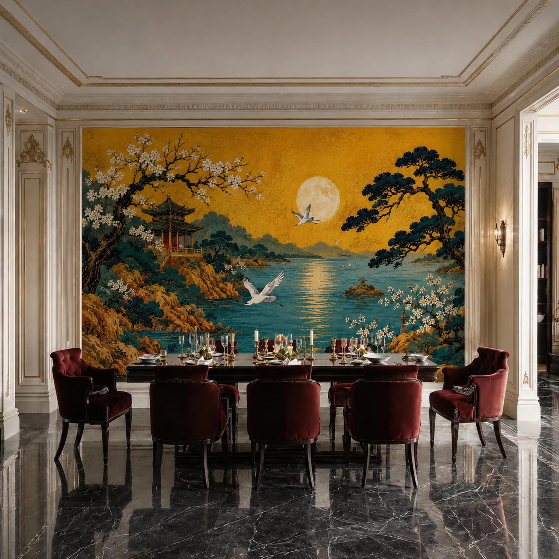Papier peint panoramique Pavillon de la grue dorée présenté dans un intérieur décoré, vue 2