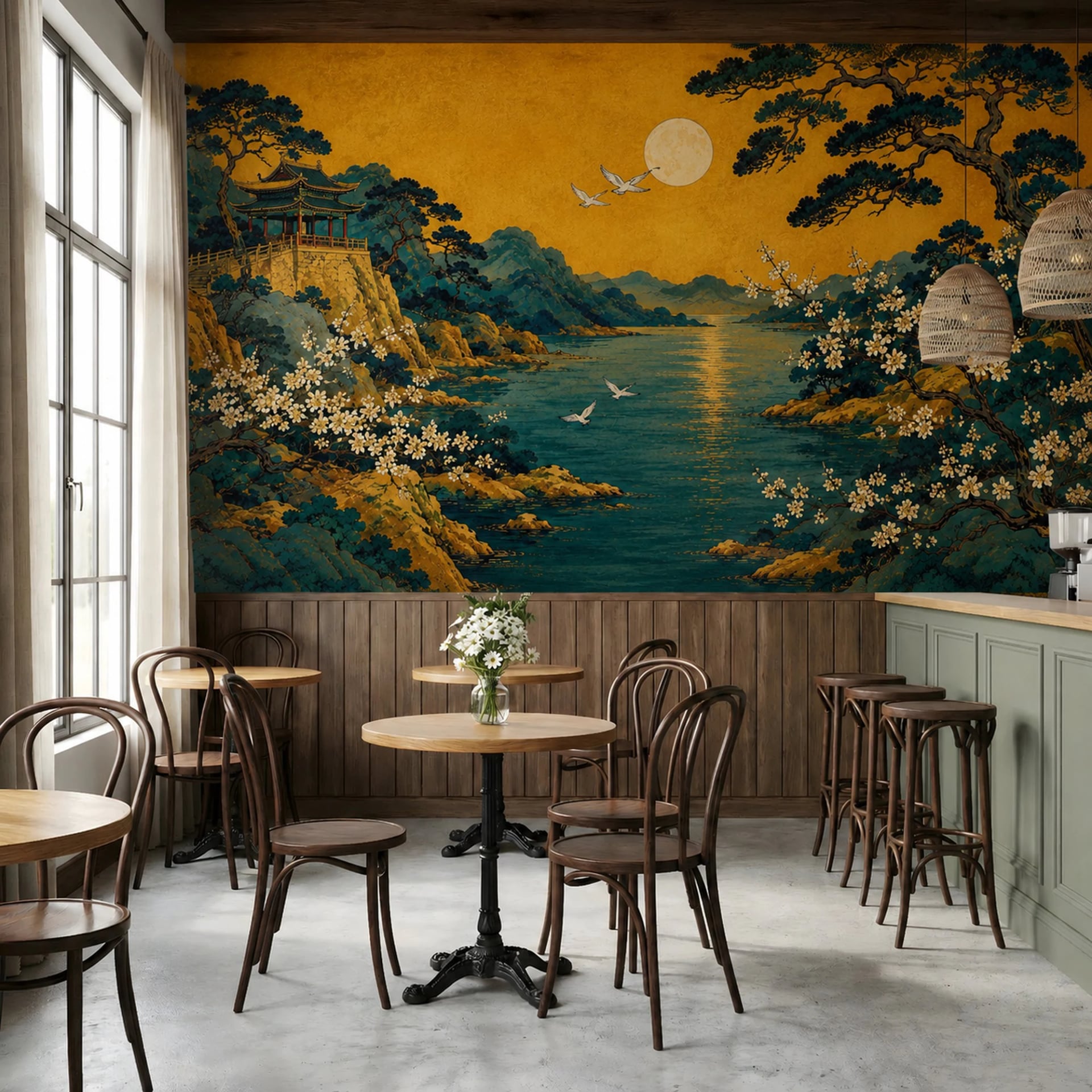 Golden Moon Pavilion wall mural shown in a styled interior, view 2