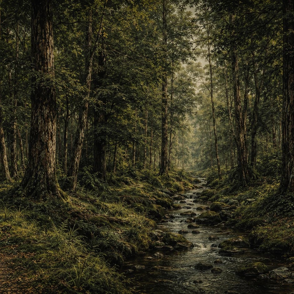 Close-up of the Woodland Stream Trail artwork at printed scale