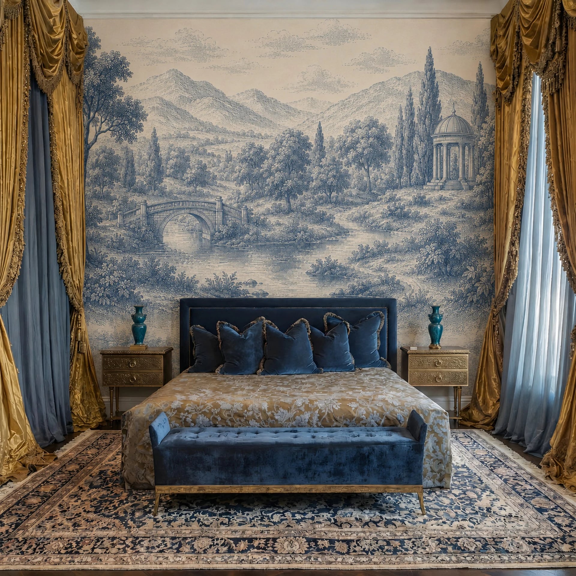 Papier peint panoramique Pont du pavillon sur la rivière présenté dans un intérieur décoré, vue 2