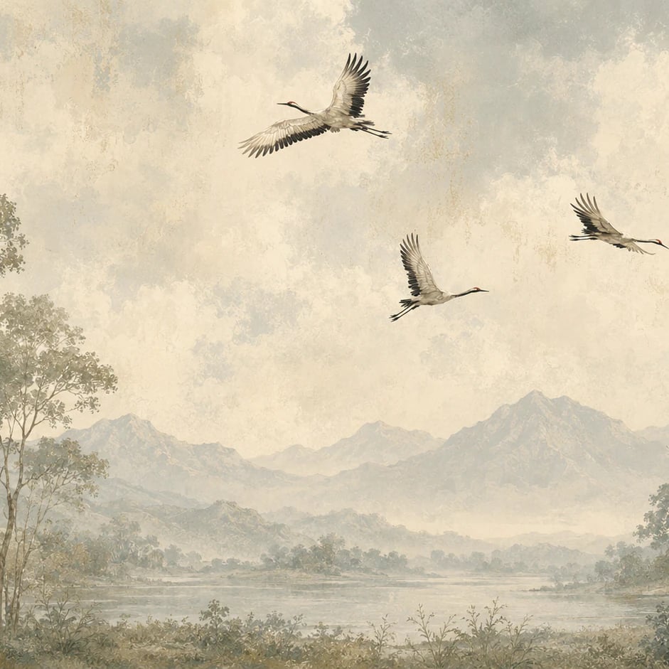 Close-up of the Flying Cranes Mountain Valley artwork at printed scale