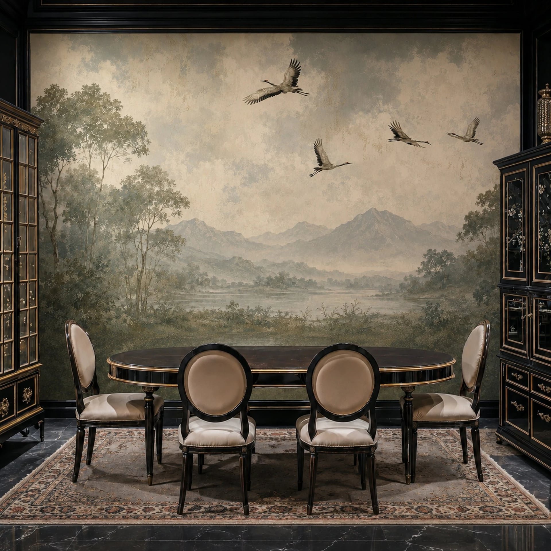 Flying Cranes Mountain Valley wall mural shown in a styled interior, view 2