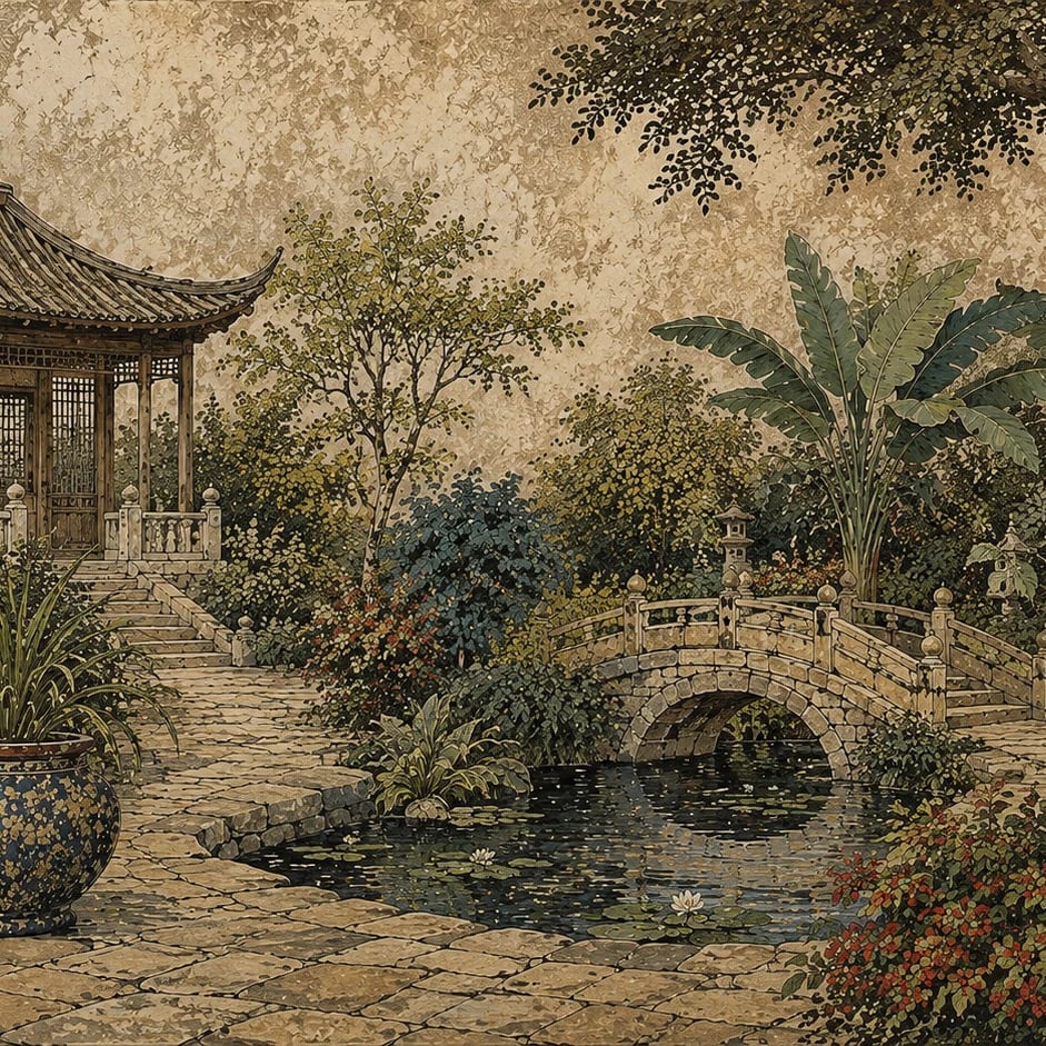 Nahaufnahme des Kunstwerks Kaiserlicher Pagodengarten im Druckmaßstab