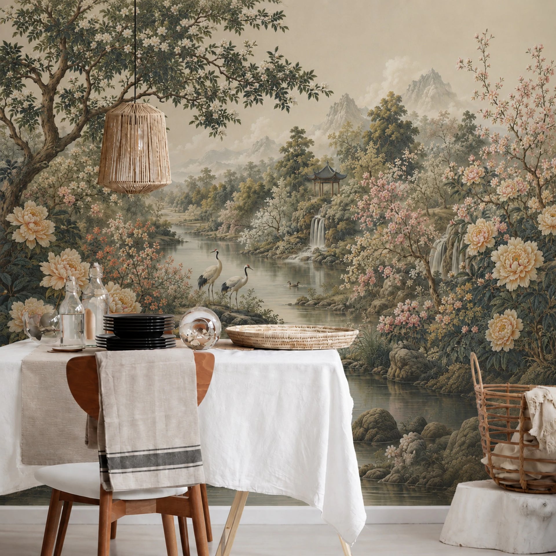 Cranes by the Pavilion wall mural shown in a styled interior, view 2