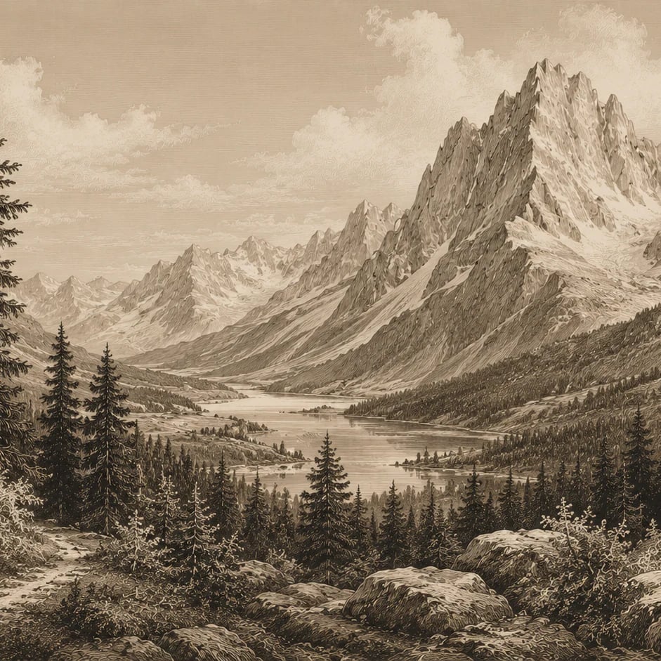 Gros plan sur le motif Vallée alpine gravée à l'échelle d'impression