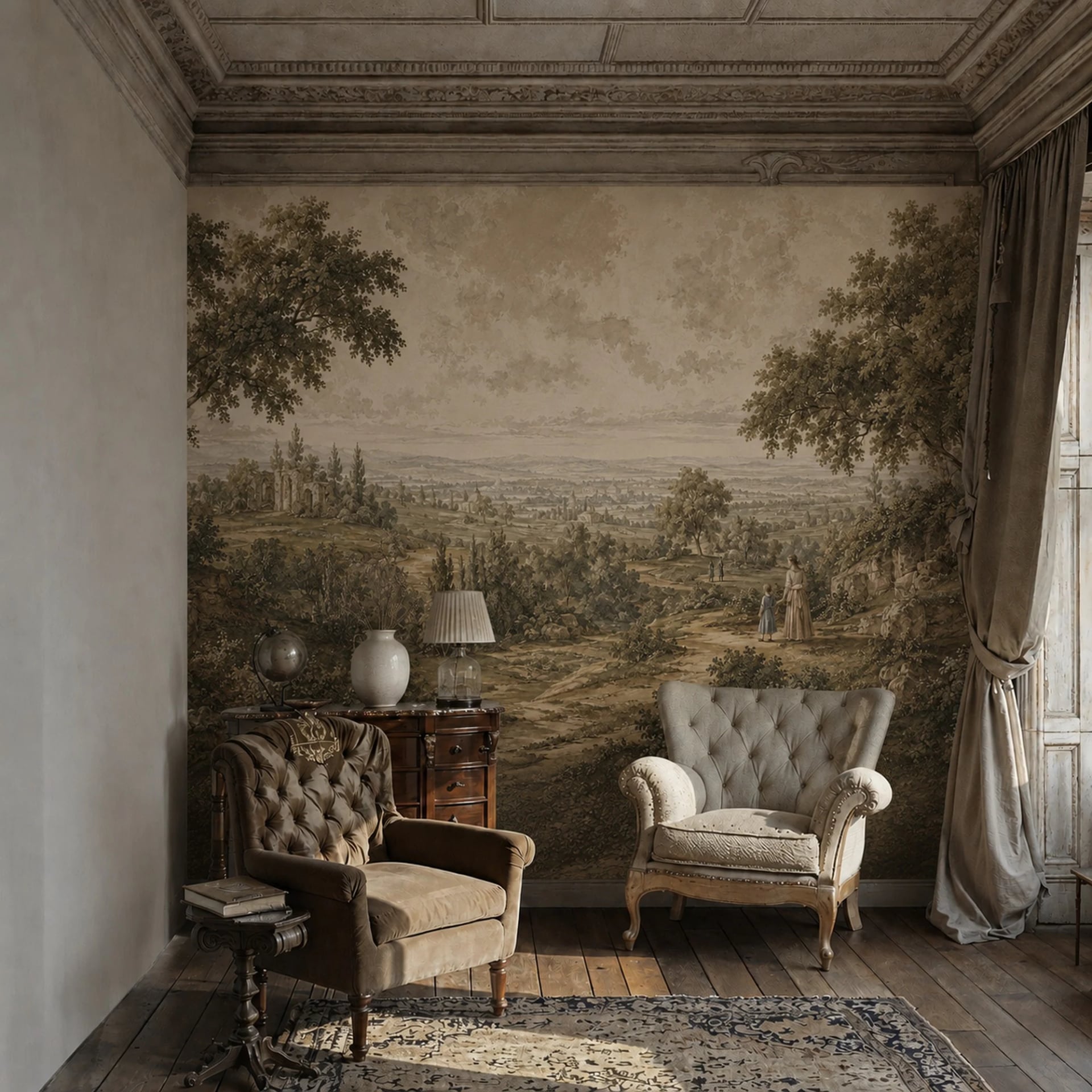 Papier peint panoramique Ruines de la vallée pastorale présenté dans un intérieur décoré, vue 2
