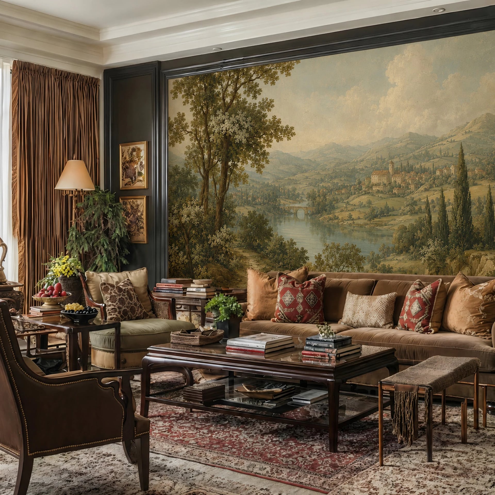 Papier peint panoramique Pont toscan sur la rivière présenté dans un intérieur décoré, vue 2