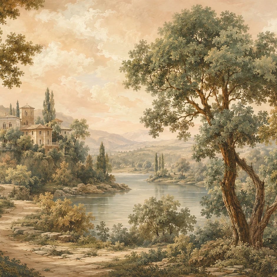 Close-up of the Tuscan Villa Lake artwork at printed scale