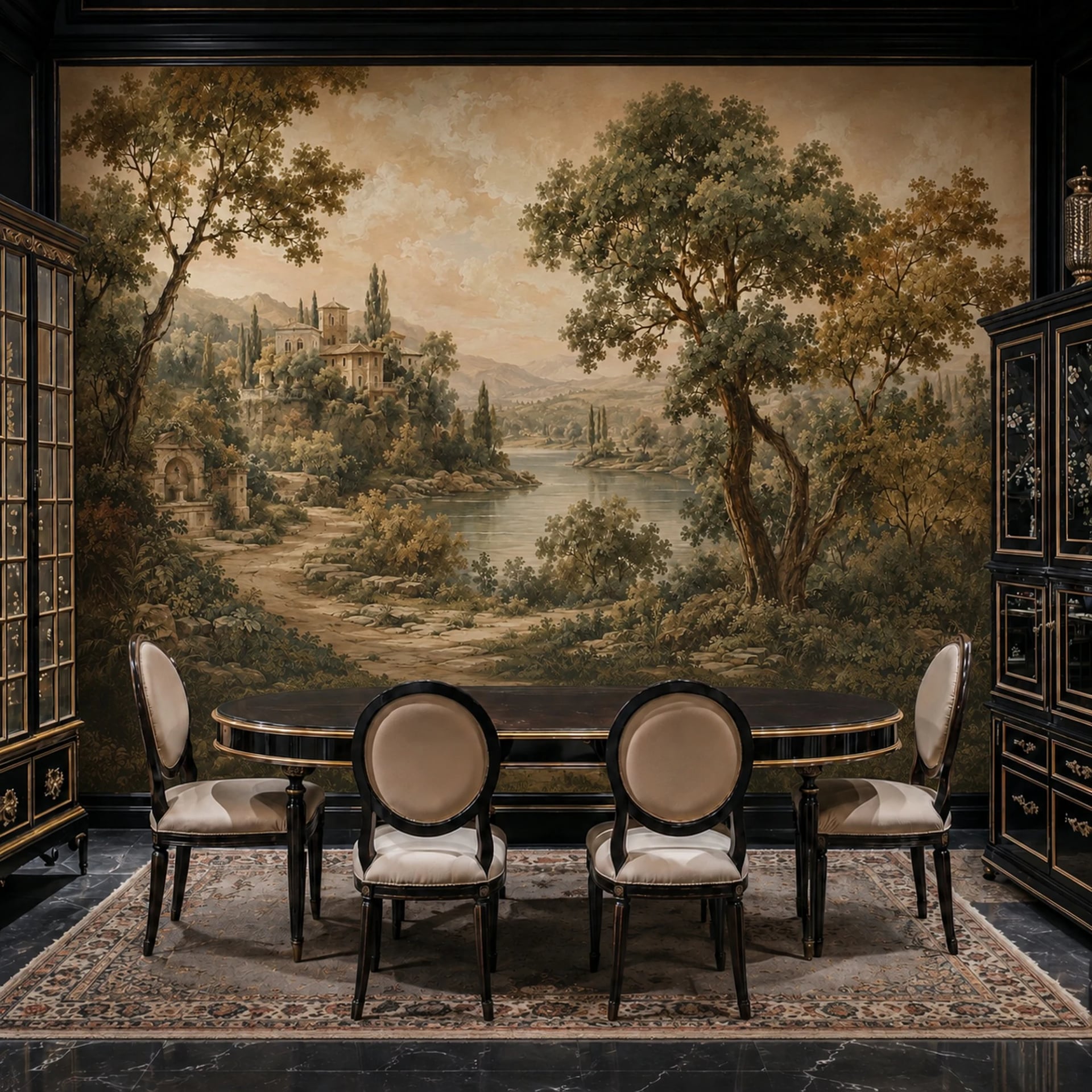 Tuscan Villa Lake wall mural shown in a styled interior, view 1