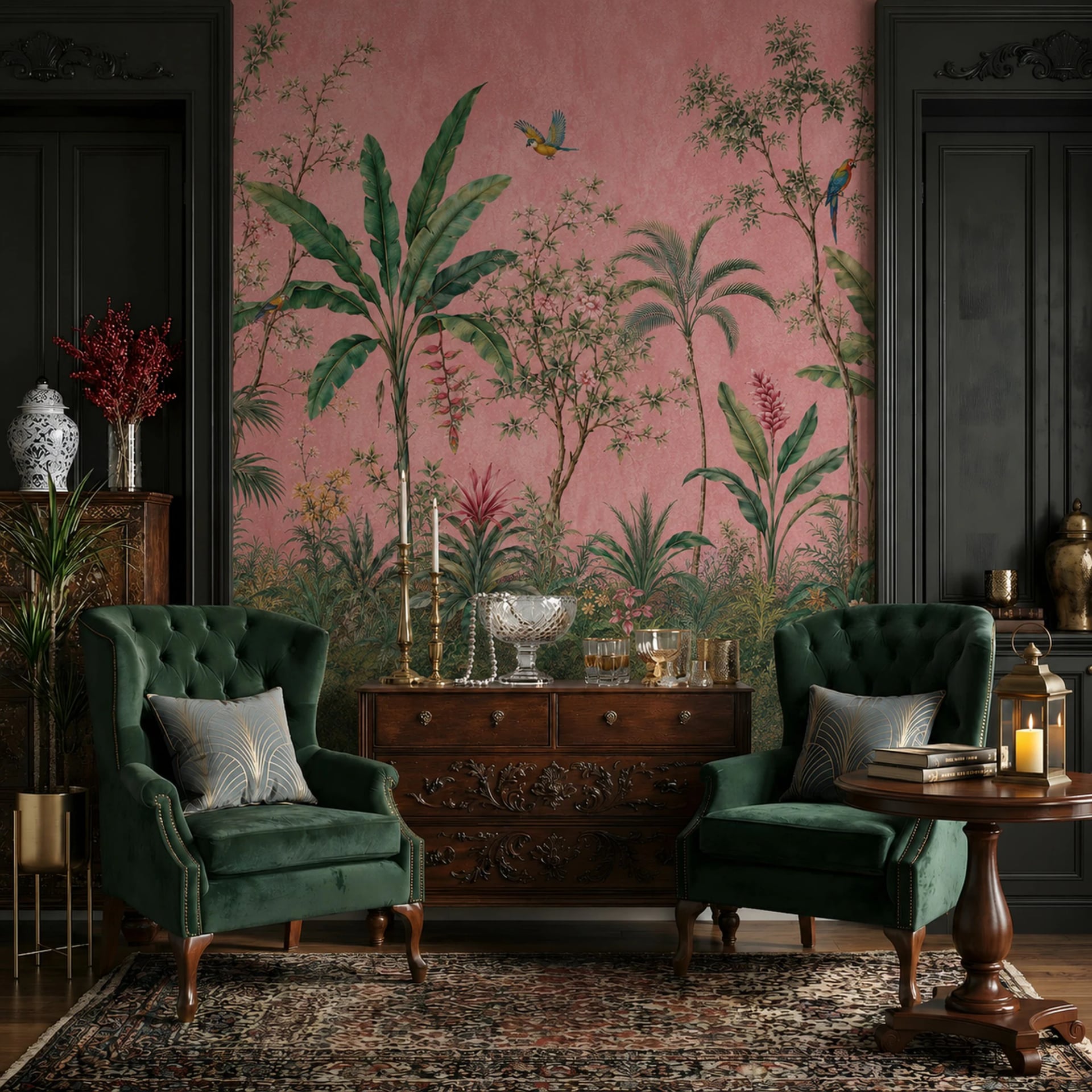 Blush Tropics Parrots wall mural shown in a styled interior, view 2