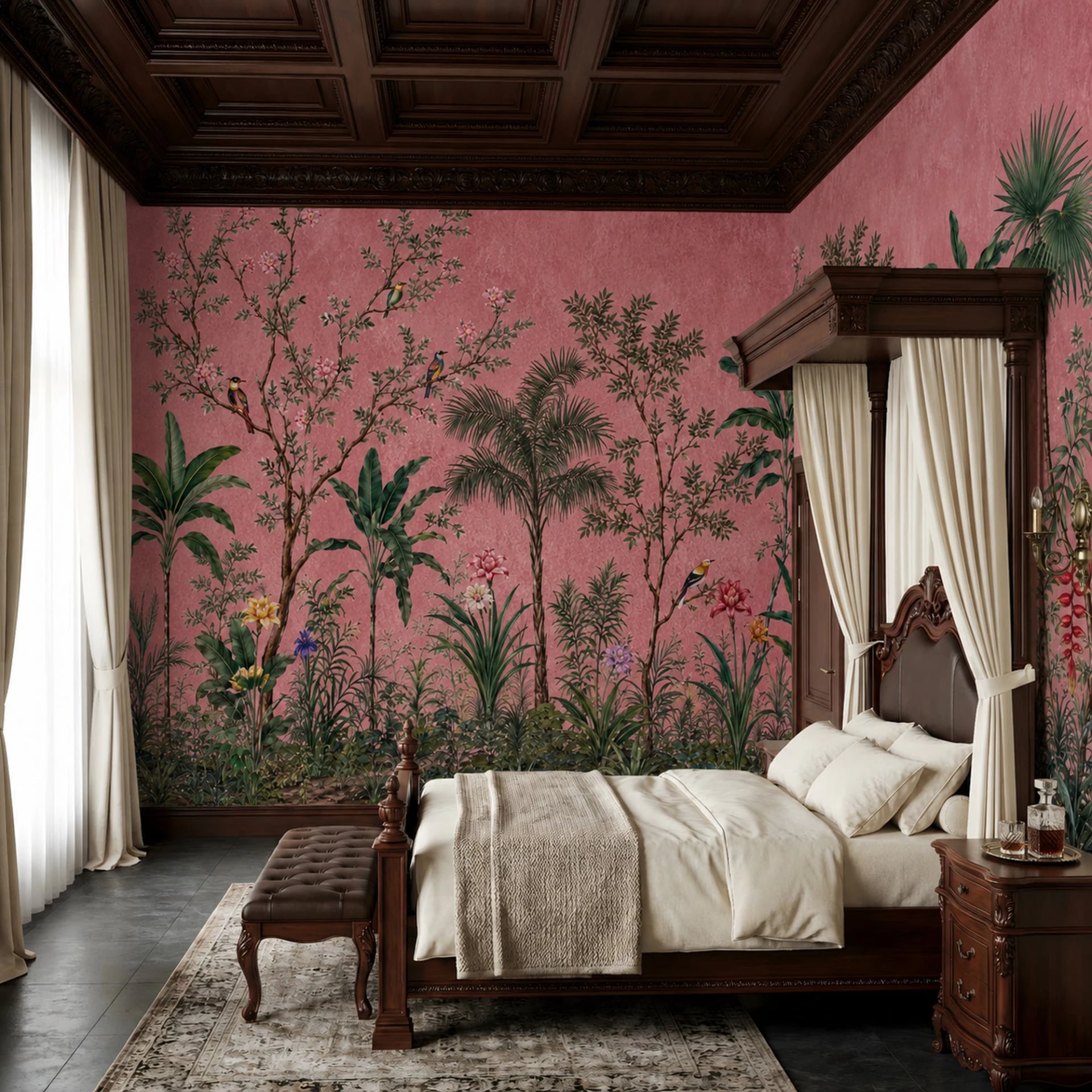 Fotomural Aviario de palmeras en rosa empolvado en un interior decorado, vista 2