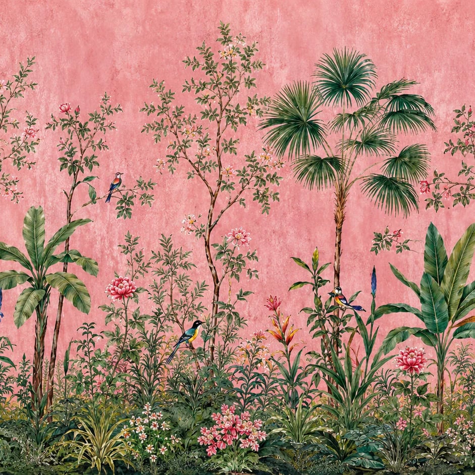 Primer plano del diseño Aviario botánico en rosa empolvado a escala de impresión
