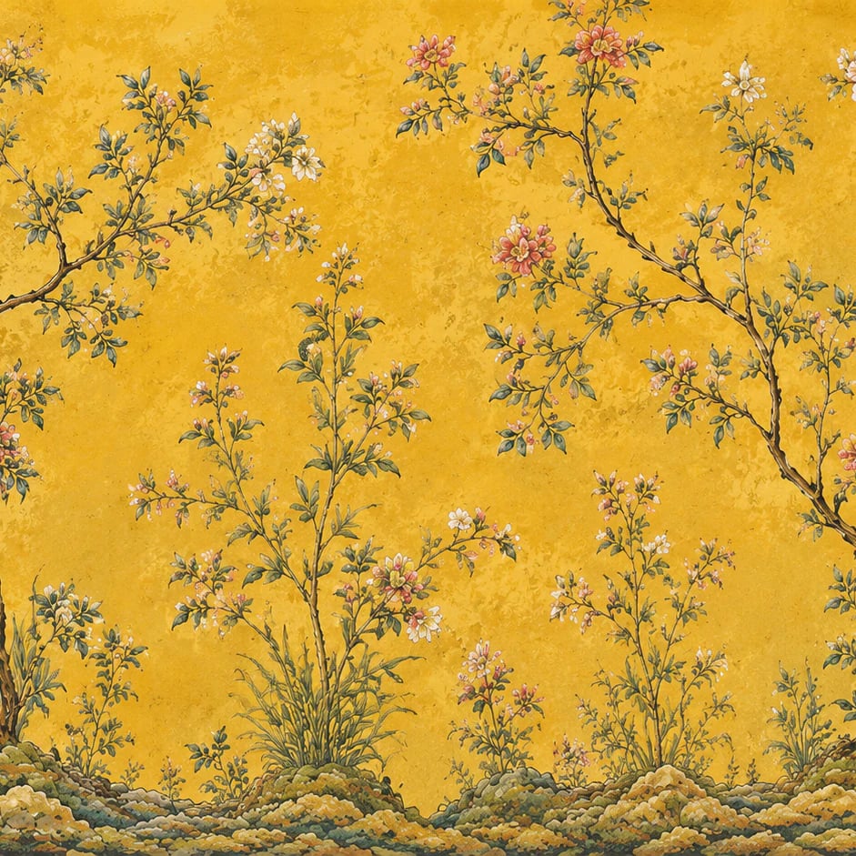 Gros plan sur le motif Chinoiserie florale dorée à l'échelle d'impression